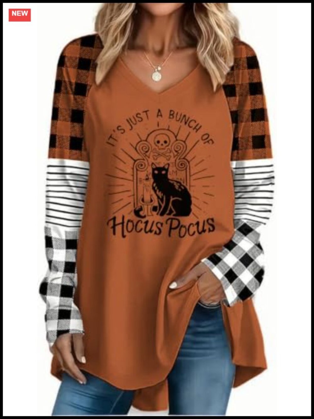 Womens Halloween Raglan Tunic Top V Neck Plaid Striped Sleeve Fall Shirt